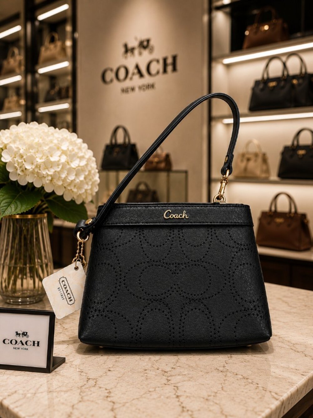 COACH Black Perforated Leather Signature C Logo Wristlet Wallet with Hang Tag!